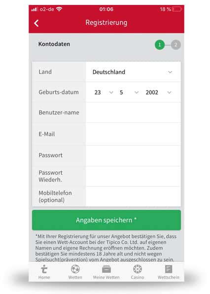 Anmeldung in der deutschen Tipico App