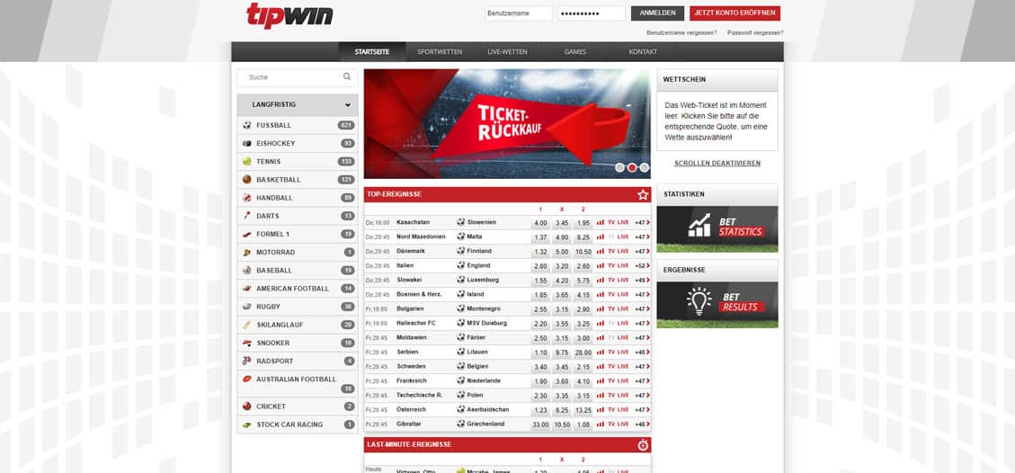 Startseite der Tipwin Website