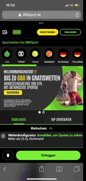 888sport Startseite auf dem Smartphone