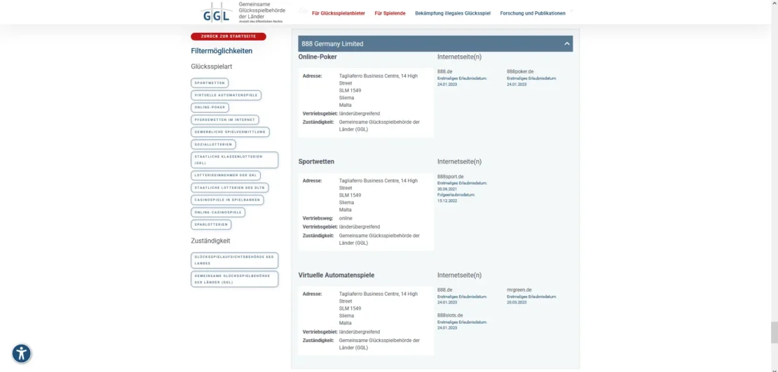 888sport Eintrag auf der Whitelist der GGL