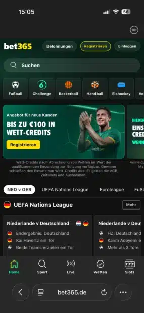 bet365 Startseite auf dem Smartphone