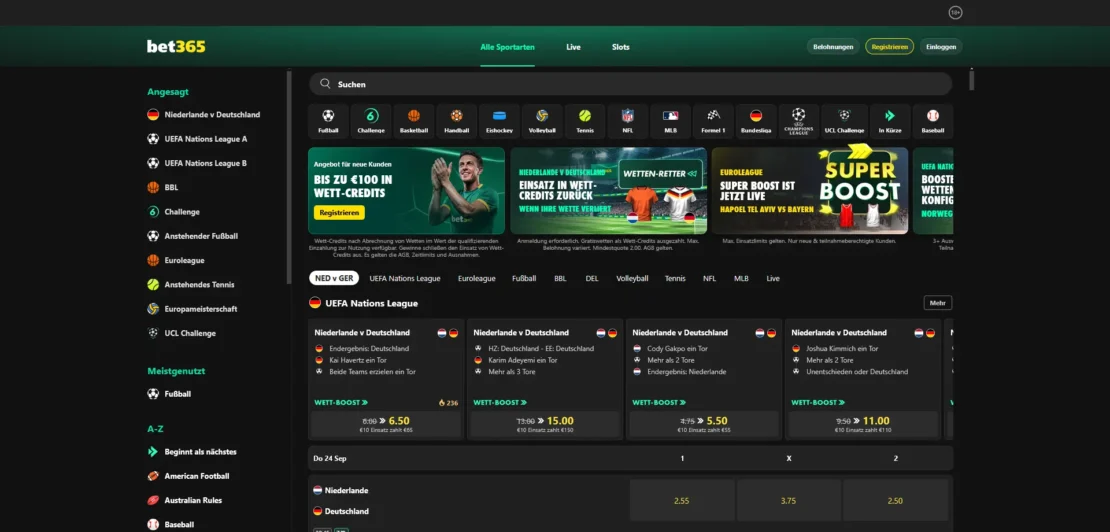 Startseite von bet365 am Desktop mit Wett Boosts