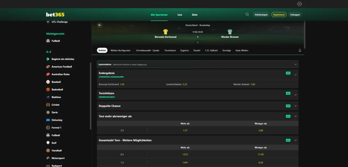 Märkteübersicht eines Bundesligaspiels bei bet365