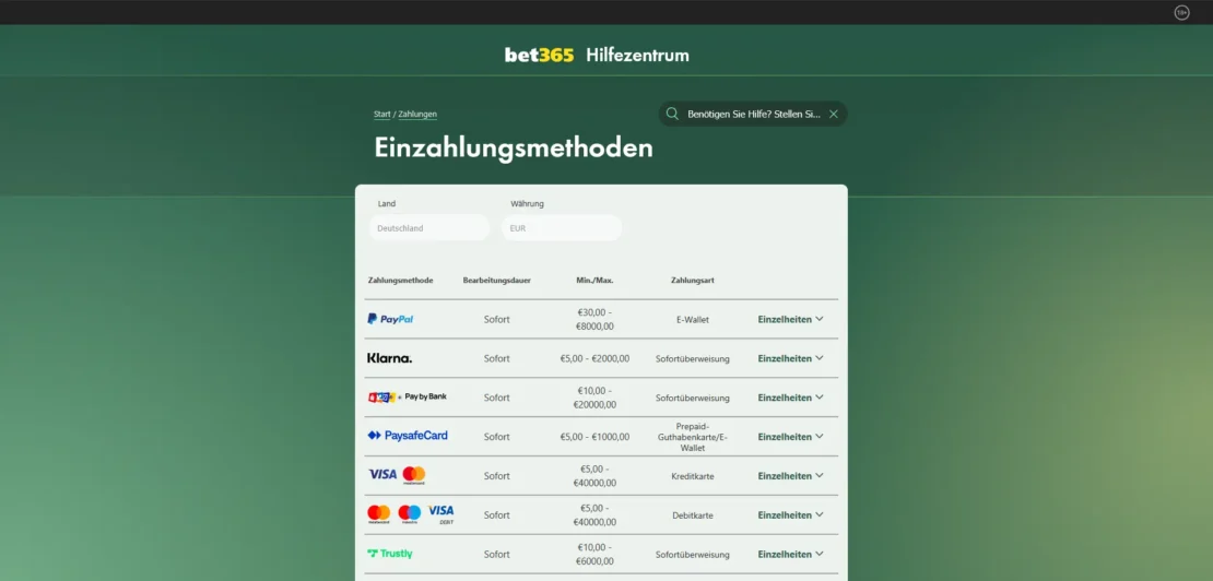 Übersicht der Einzahlungsmethoden bei bet365