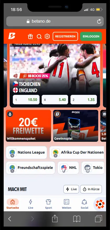 Startseite der Betano App auf dem Smartphone