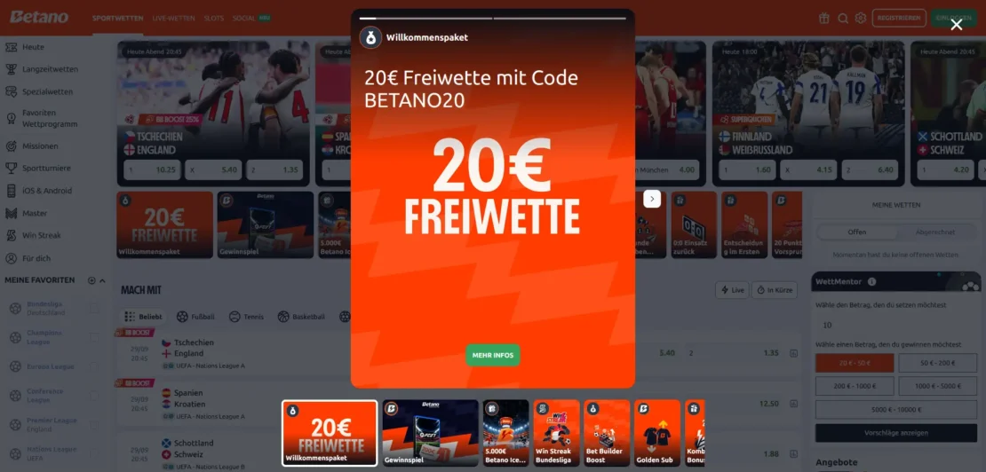 Betano Neukundenangebot mit Freiwette und Einzahlungsbonus