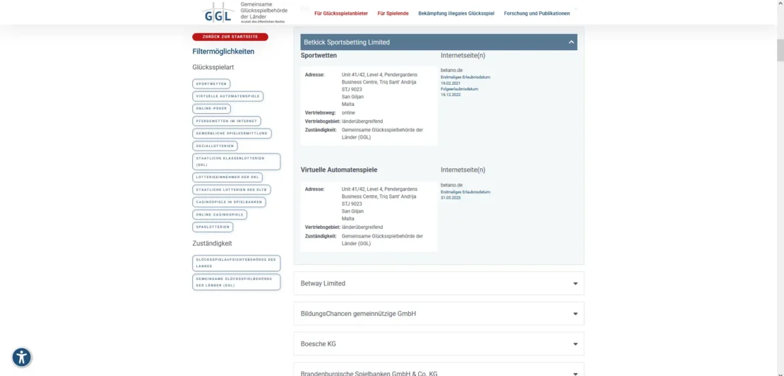 Eintrag von betano.de auf der Whitelist der GGL