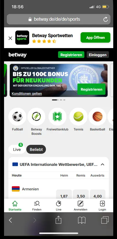 Betway App Startseite auf dem iPhone