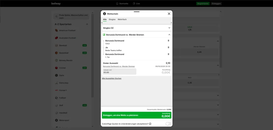 Wettkonfigurator bei Betway