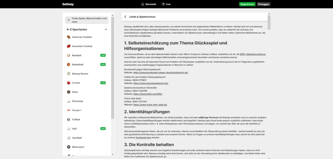 Limits und Sperren im Betway Konto