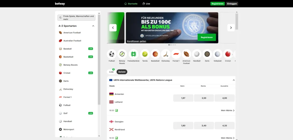 Startseite von Betway am Desktop