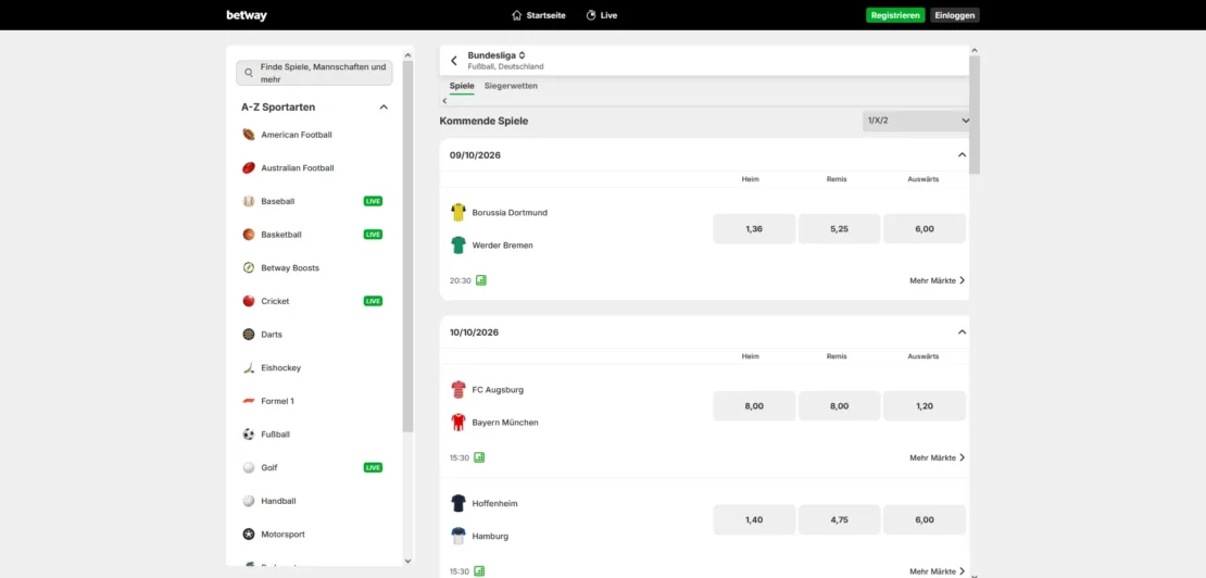 Märkte eines Bundesligaspiels bei Betway