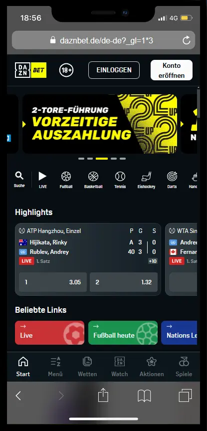 DAZN Bet App Startseite auf dem Smartphone