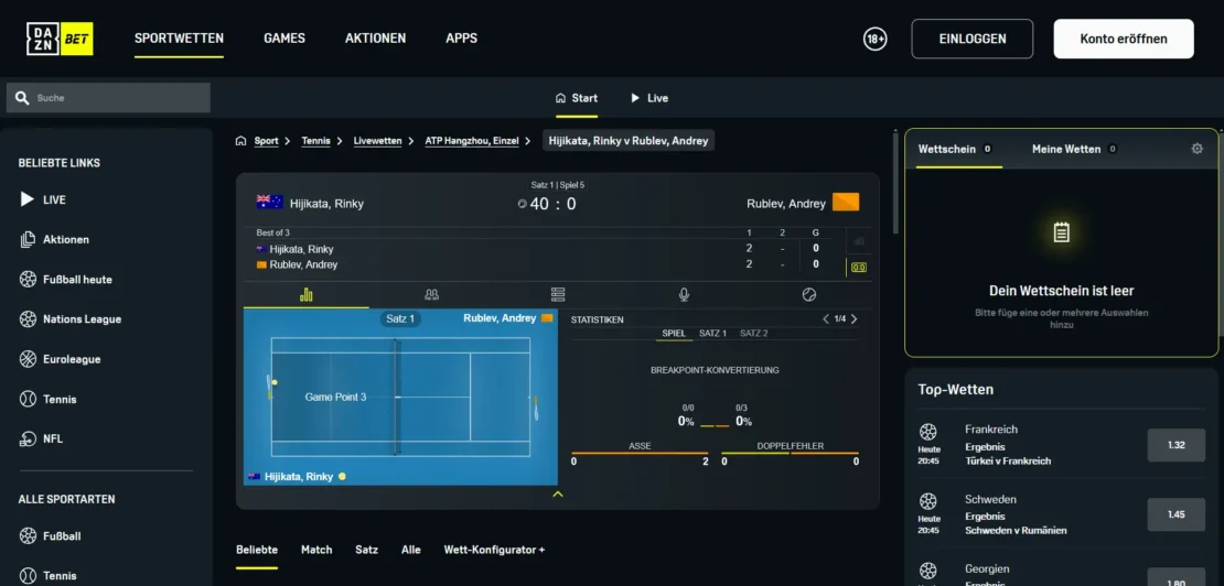 Livebereich von DAZN Bet