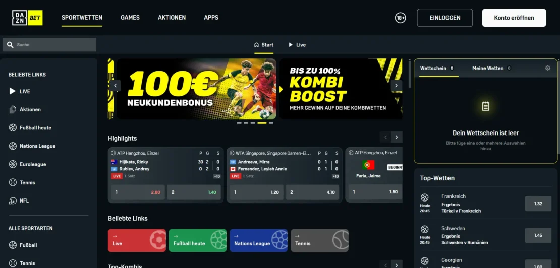 Startseite von DAZN Bet am Desktop