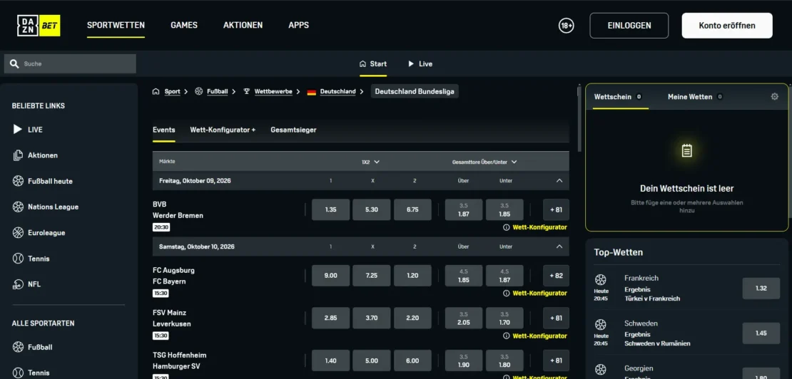 Wettmärkte zu einem Bundesligaspiel bei DAZN Bet