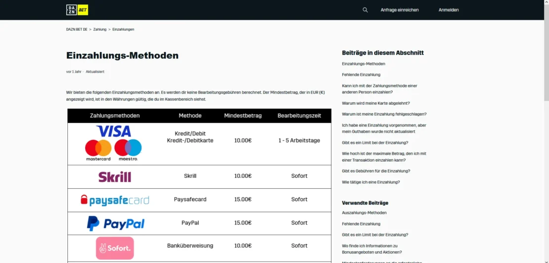 Einzahlungsmethoden bei DAZN Bet