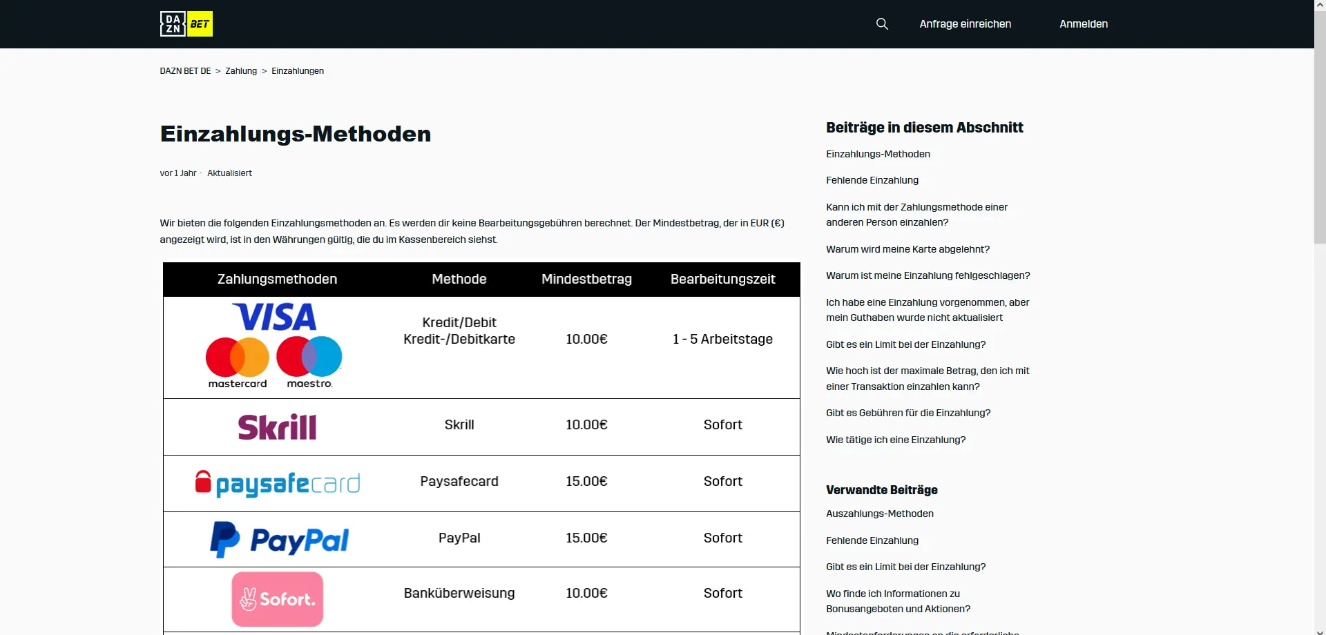 Zahlungsmethoden bei DAZN Bet