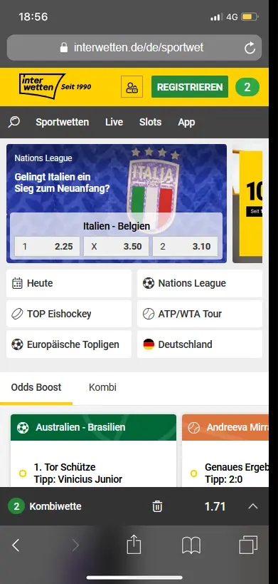 Interwetten App Startseite auf dem Smartphone