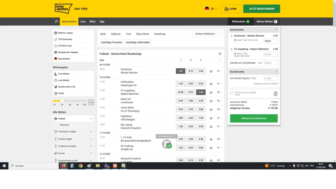 Kombiwette im Wettschein bei Interwetten