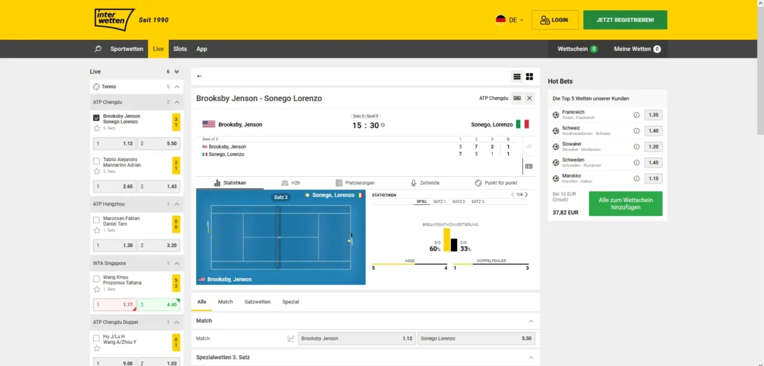 Livewetten Übersicht bei Interwetten