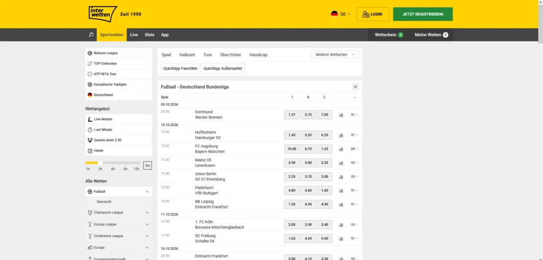 Märkteübersicht eines Bundesligaspiels bei Interwetten