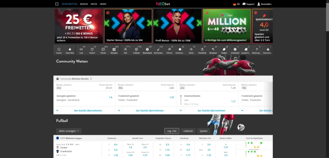 Startseite von Neobet am Desktop