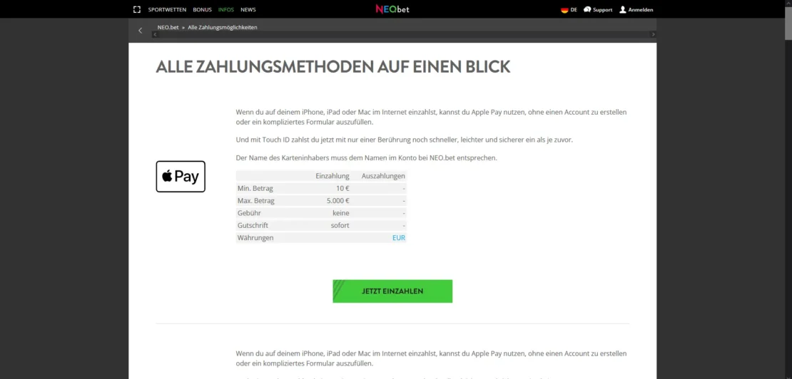 Einzahlungsmethoden bei Neobet