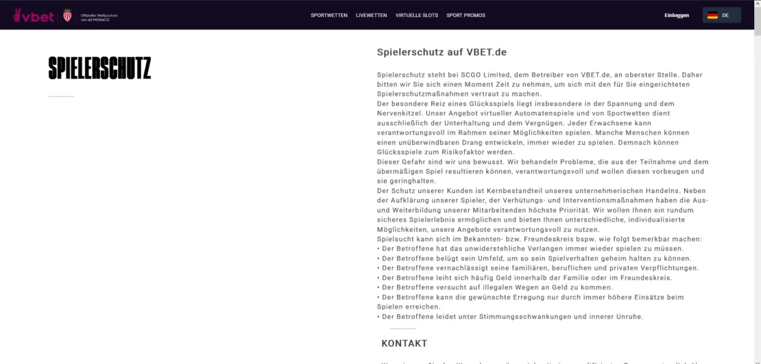 Spielerschutz bei VBET