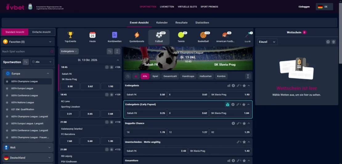 Startseite von VBET am Desktop