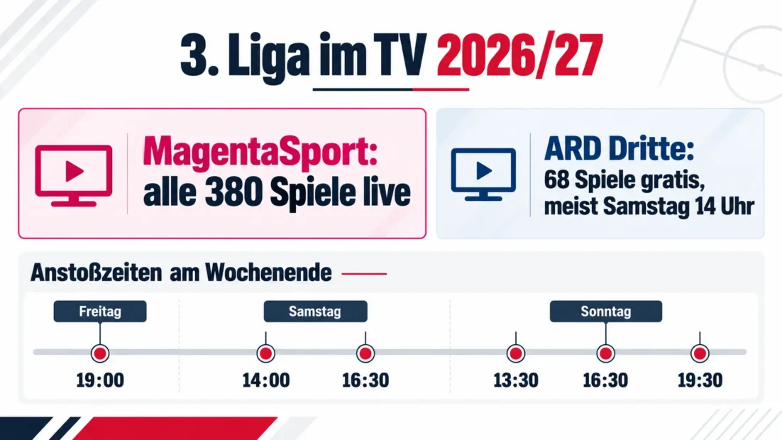 Grafik: 3. Liga im TV 2026/27, alle 380 Spiele bei MagentaSport, 68 Spiele kostenlos in den Dritten der ARD, dazu die festen Anstoßzeiten von Freitag bis Sonntag