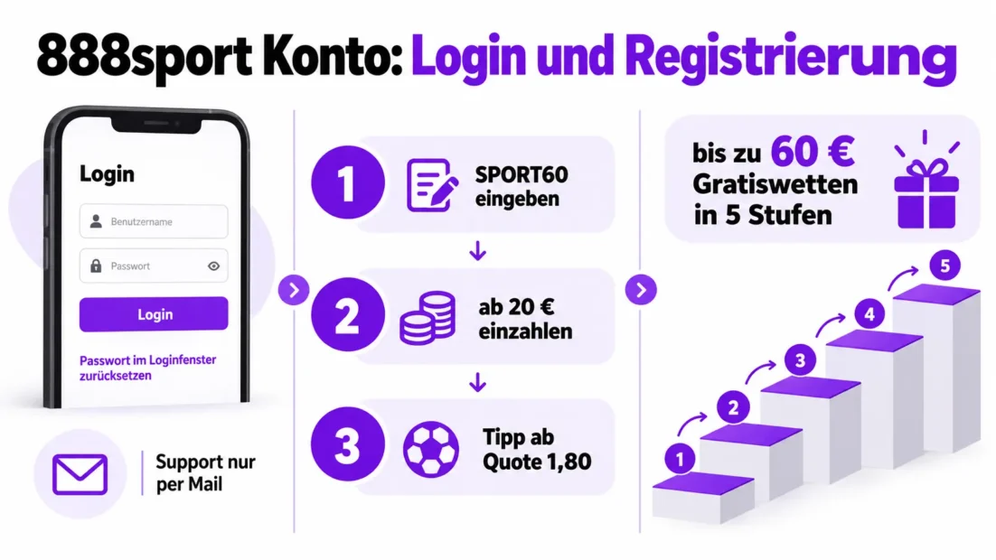 888sport Konto: Passwort im Loginfenster zurücksetzen, Support nur per Mail und der Weg zu bis zu 60 € Gratiswetten mit SPORT60 in fünf Stufen
