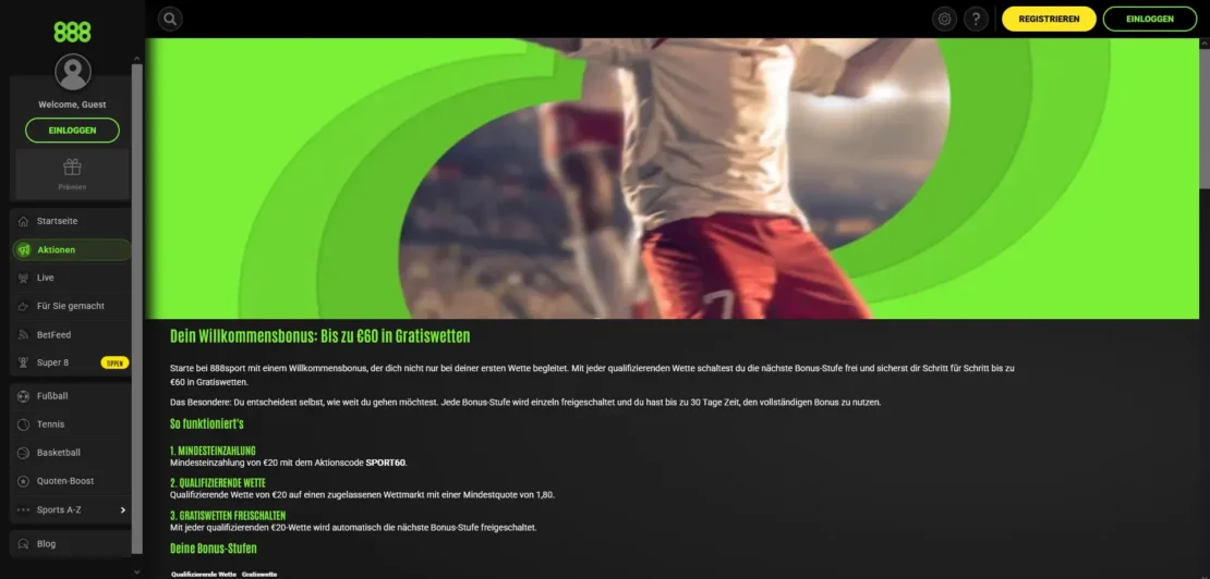 888sport Bonus Code SPORT60 für bis zu 60 Euro in Gratiswetten