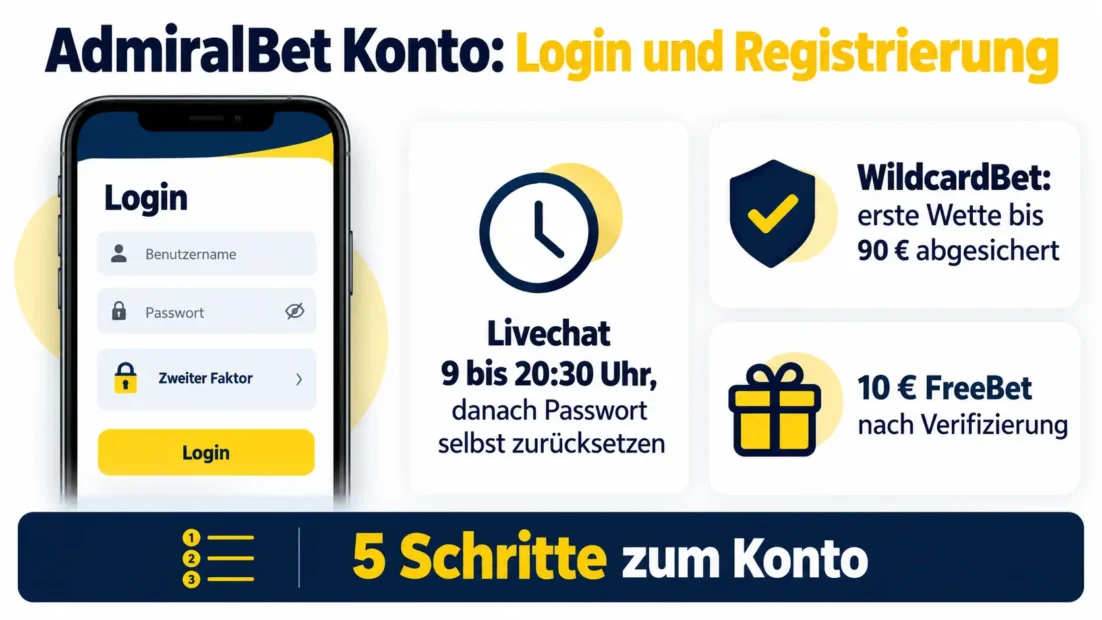 AdmiralBet Konto: Login mit Benutzername und zweitem Faktor, Livechat von 9 bis 20:30 Uhr, WildcardBet bis 90 € und 10 € FreeBet nach der Verifizierung
