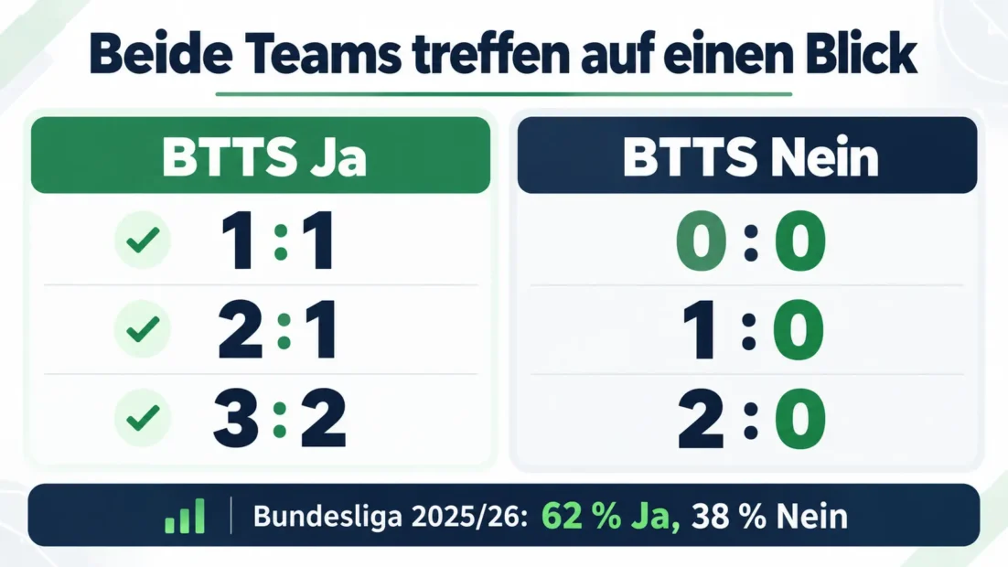 Beide Teams treffen auf einen Blick: BTTS Ja bei 1:1, 2:1 und 3:2, BTTS Nein bei 0:0, 1:0 und 2:0, Bundesliga 2025/26 mit 62 % Ja und 38 % Nein