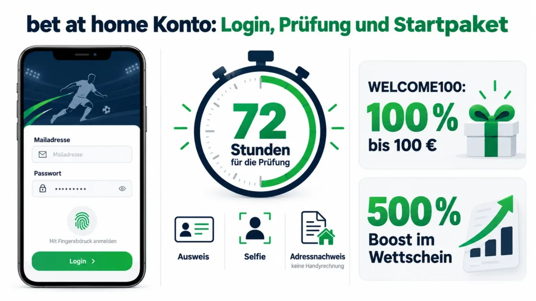 bet at home Konto: Login mit Mailadresse und Passwort, 72 Stunden für die Prüfung mit Ausweis, Selfie und Adressnachweis, dazu WELCOME100 und der 500 Prozent Boost