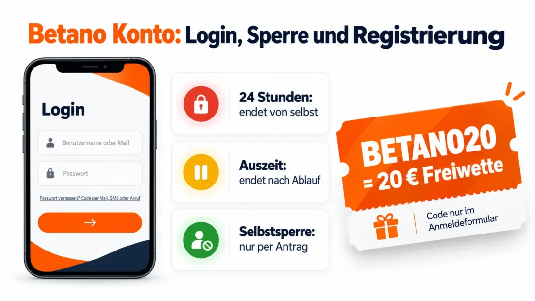 Betano Konto: Login mit Benutzername oder Mail und Passwort Reset per Code, drei Arten der Kontosperre und der Promocode BETANO20 für 20 € Freiwette bei der Anmeldung