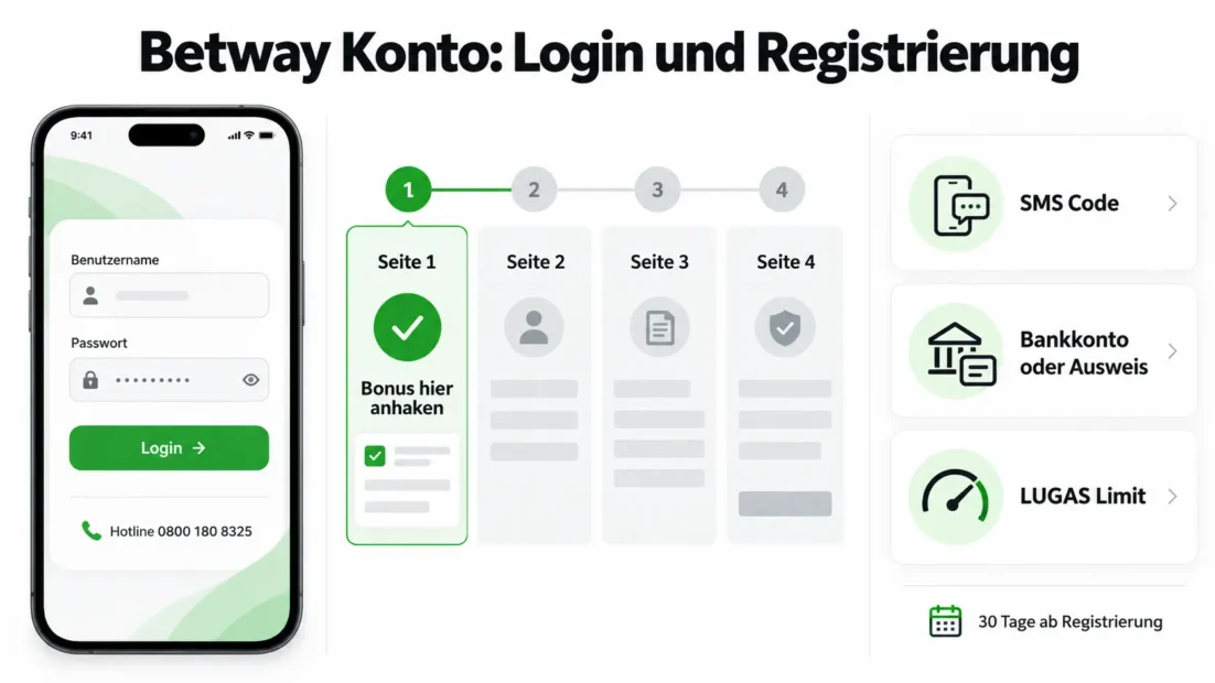Betway Konto: Login mit Benutzername und Passwort, vier Formularseiten mit Bonus Häkchen auf Seite eins, SMS Code, Prüfung per Bankkonto oder Ausweis und LUGAS Limit