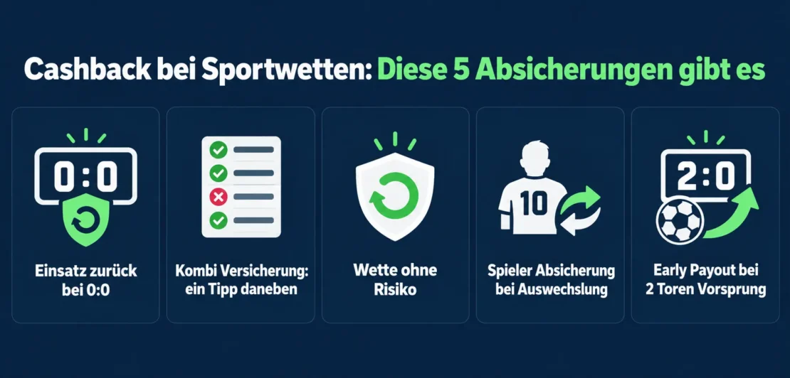 Cashback bei Sportwetten: Einsatz zurück bei 0:0, Kombi Versicherung, Wette ohne Risiko, Spieler Absicherung und Early Payout
