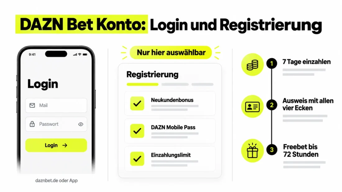 DAZN Bet Konto: Login auf daznbet.de oder in der App, Bonus, Mobile Pass und Einzahlungslimit nur im Anmeldeformular wählbar, dazu die wichtigsten Fristen