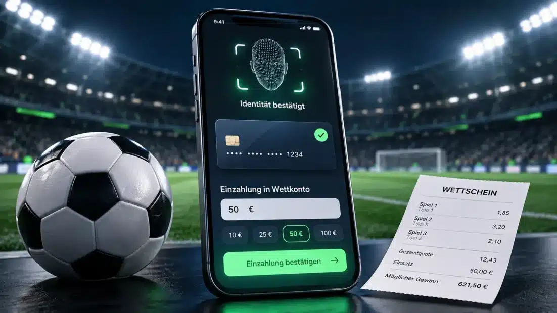 Einzahlung mit Apple Pay beim Wettanbieter, im Hintergrund ein Fußballstadion