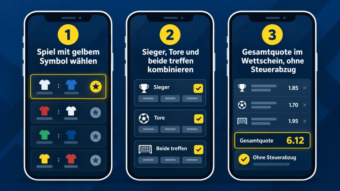 Bet Builder in der Merkur Bets App: Spiel mit gelbem Symbol wählen, Märkte kombinieren, Gesamtquote ohne Steuerabzug im Wettschein