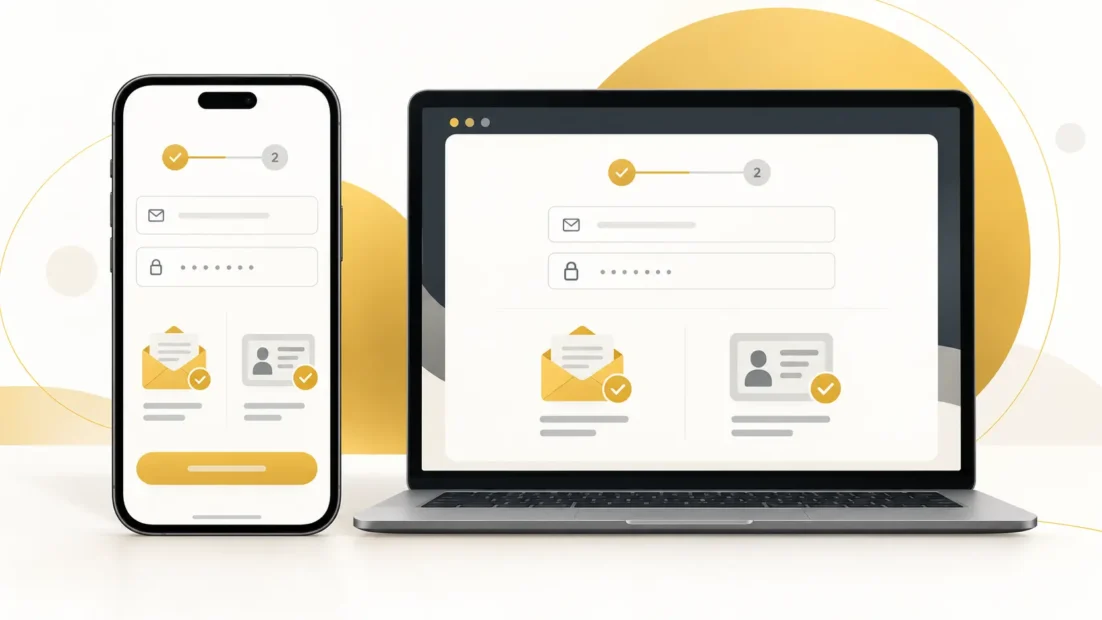Merkur Bets Konto eröffnen: Registrierungsformular auf Smartphone und Laptop mit Bestätigungsmail und Ausweisprüfung