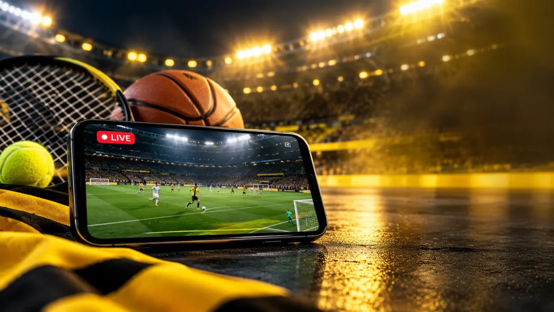 Smartphone mit Fußball Livestream vor einem Stadion im Flutlicht