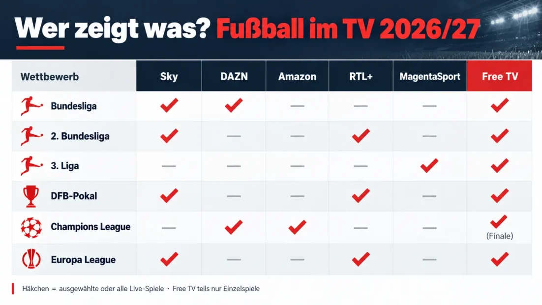 Grafik: Fußball TV Rechte 2026/27 als Übersicht, welcher Sender Bundesliga, 2. Bundesliga, 3. Liga, DFB Pokal, Champions League und Europa League zeigt