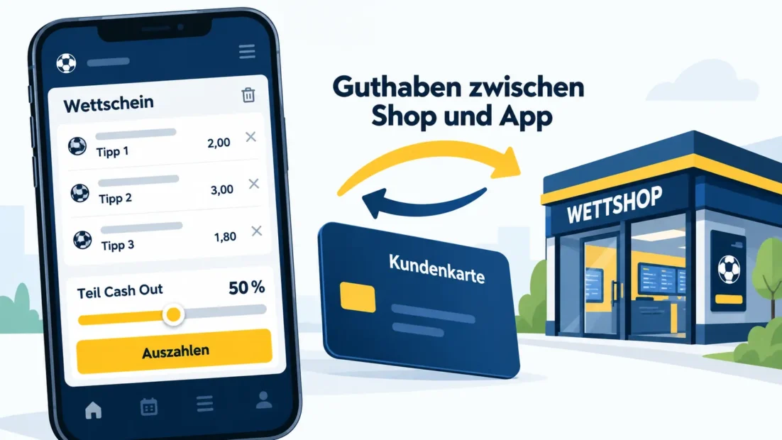 Sportwetten.de App mit Teil Cash Out im Wettschein und Kundenkarte für Guthaben zwischen Wettshop und App
