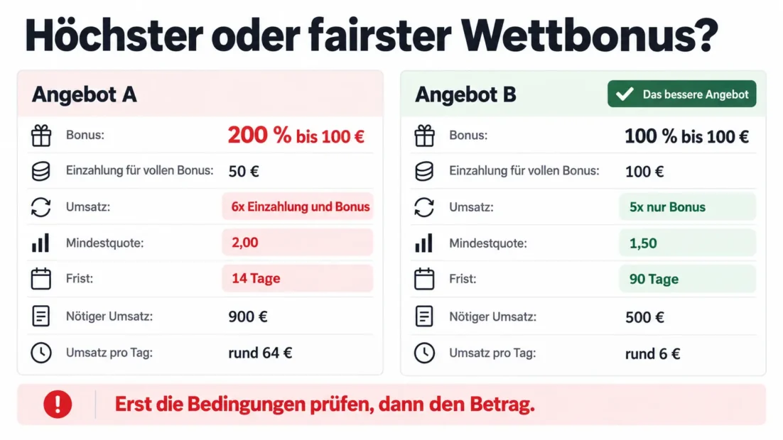Wettbonus Vergleich: Angebot A mit 200 % bis 100 € braucht 900 € Umsatz in 14 Tagen, Angebot B mit 100 % bis 100 € nur 500 € in 90 Tagen