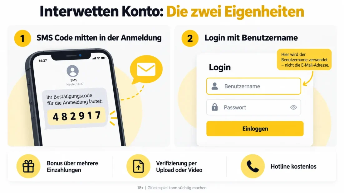 Interwetten Konto: SMS Code mitten in der Anmeldung und Login mit Benutzername statt Mailadresse, dazu Bonus über mehrere Einzahlungen, Verifizierung per Upload oder Video und kostenlose Hotline