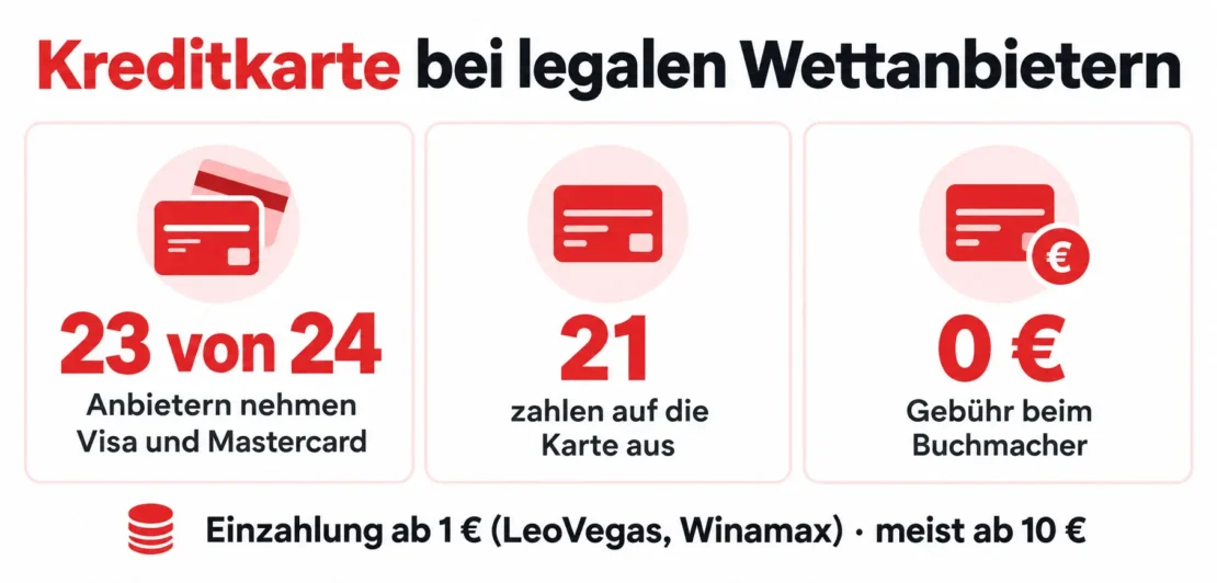 Kreditkarte bei legalen Wettanbietern: 23 von 24 nehmen Visa und Mastercard, 21 zahlen auf die Karte aus, keine Gebühr beim Buchmacher