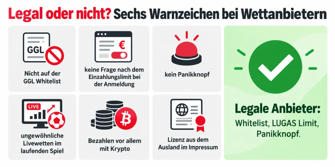 Legal oder nicht? Sechs Warnzeichen bei Wettanbietern: nicht auf der GGL Whitelist, keine Frage nach dem Einzahlungslimit, kein Panikknopf, ungewöhnliche Livewetten, Bezahlen vor allem mit Krypto und Lizenz aus dem Ausland